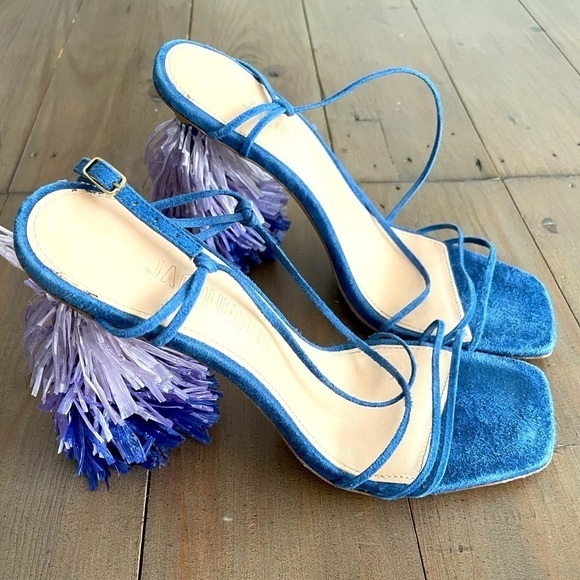 RARE Jacquemus raphia embellished strappy suede sandal in blue purple - Picture 9 of 12